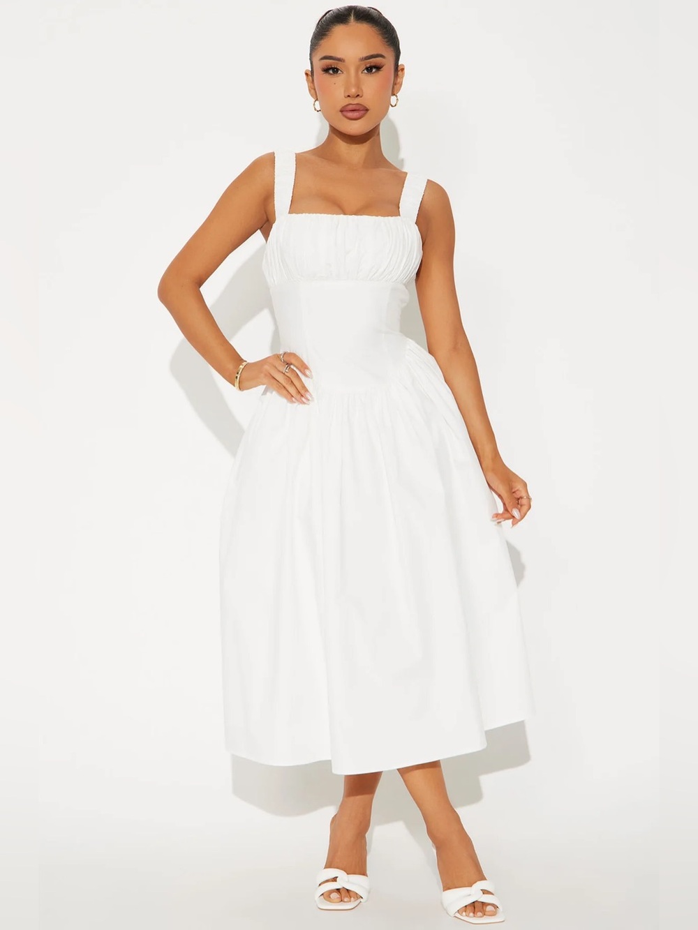 Fashion Nova White Square-Neck Midi Dress with Wide Straps